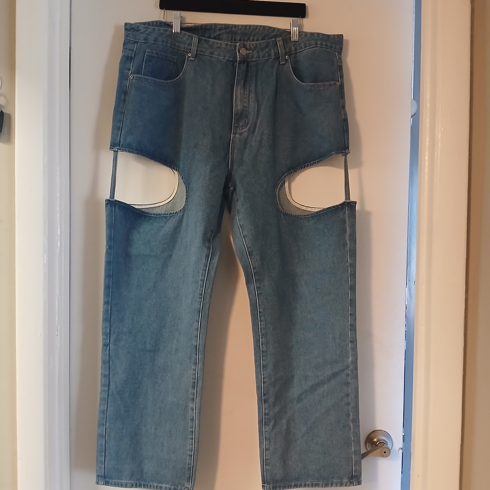 Blue Cut Out Thigh Wide Leg High Rise Denim Jeans 3X NWOT